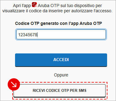Schermata di accesso con inserimento del codice OTP e pulsante Ricevi codice OTP per SMS