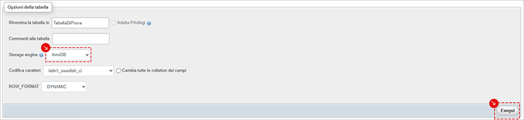 phpMyAdmin: Opzioni della tabella, Storage engine InnoDB selezionato; premi Esegui per applicare.