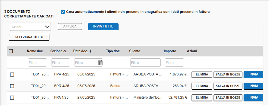 Elenco dei documenti correttamente caricati con azioni di invio o salvataggio in bozze