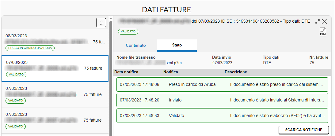 Sezione Dati Fatture con stato del file e dettaglio