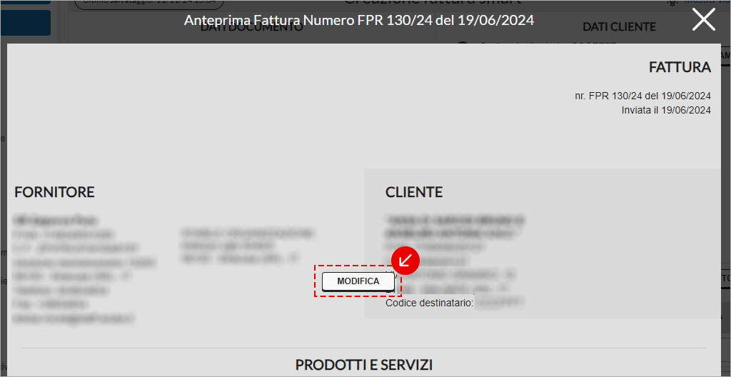 Anteprima della fattura con opzione di modifica dei dati del cliente evidenziata