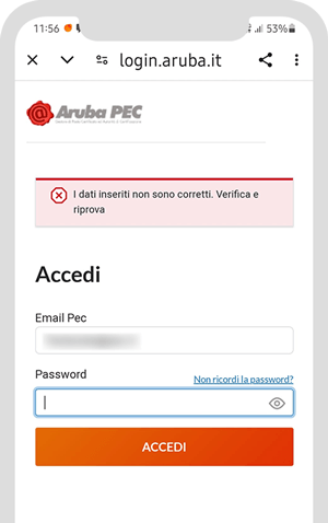 Schermata di login app Aruba PEC con errore: “I dati inseriti non sono corretti. Verifica e riprova