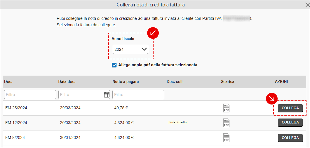 Schermata per collegare una nota di credito a una fattura con selezione dell’anno fiscale e pulsante Collega