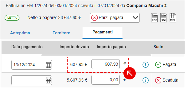 Campo Importo pagato nella sezione Pagamenti