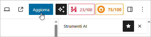 WordPress: barra editor con pulsante Aggiorna selezionato per salvare le modifiche al contenuto.