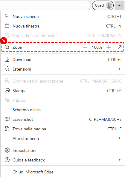 Menu di Microsoft Edge con opzioni Zoom visibili per ridurre o aumentare la dimensione della pagina