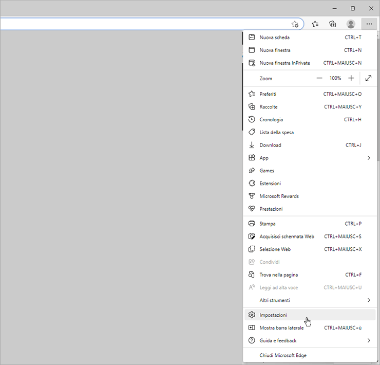 Menu di Microsoft Edge aperto con voce Impostazioni selezionata per accedere alla configurazione del browser