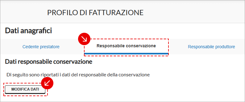 Sezione Profilo di fatturazione con scheda Responsabile conservazione selezionata e pulsante Modifica dati