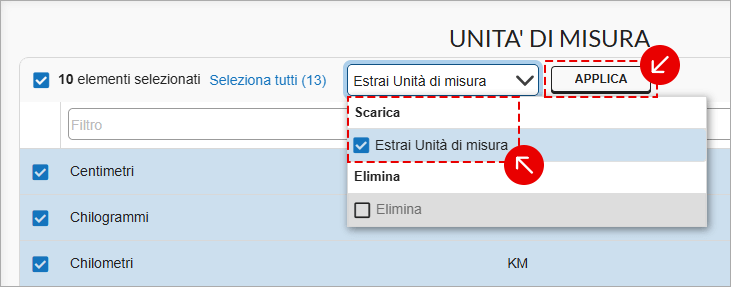 Menu azioni Unità di misura con Estrai Unità di misura e Applica