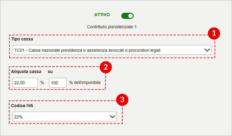 Schermata Contributo previdenziale 1 attivo: 1 Tipo cassa TC01 avvocati; 2 Aliquota 22% su 100% imponibile; 3 IVA 22%.