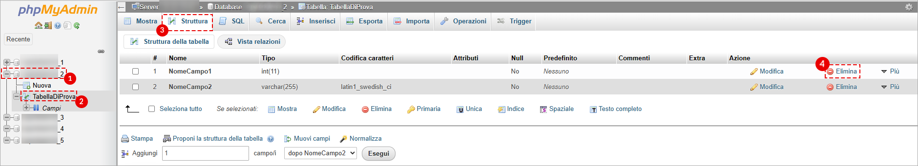 phpMyAdmin: 1 seleziona database, 2 espandi, 3 scheda Struttura di “TabellaDiProva”, 4 azione Elimina sul campo.