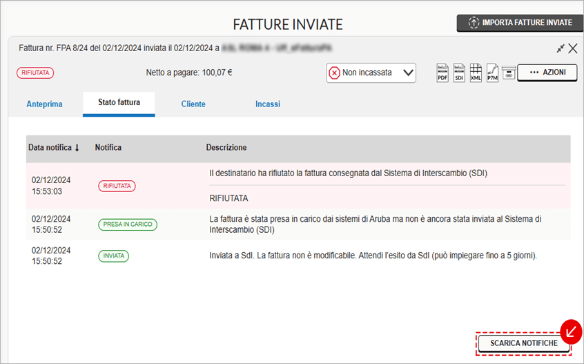 Dettaglio dello stato di una fattura inviata con elenco delle notifiche e opzione per scaricarle