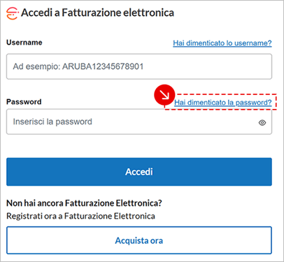 Pagina di accesso a Fatturazione Elettronica con link Hai dimenticato la password evidenziato