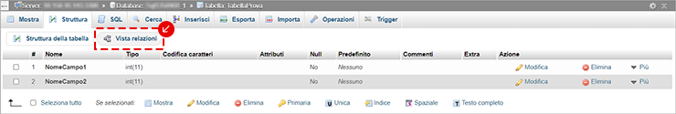 phpMyAdmin: struttura tabella; apri Vista relazioni per definire collegamenti/chiavi esterne.