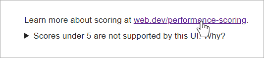 Link a web.dev/performance-scoring e nota: “punteggi <5 non supportati da questa UI”, con toggle espandibile.