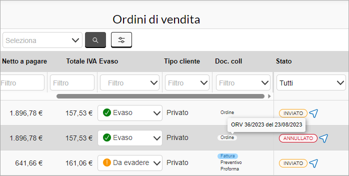 Elenco ordini di vendita con stato ordine e documenti collegati