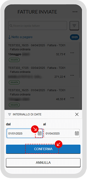 Schermata dell’app per filtrare le fatture inviate per intervallo di date
