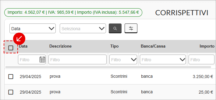 Checkbox selezione tutti nella lista Corrispettivi