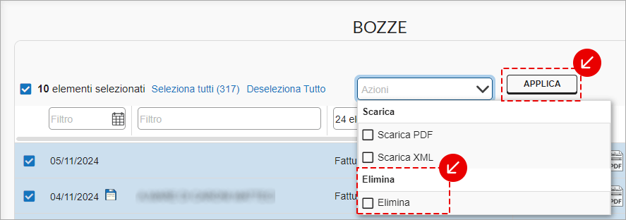 Eliminazione multipla delle bozze dal menu Azioni nel pannello web