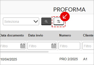 Pulsante filtri nell’elenco proforma