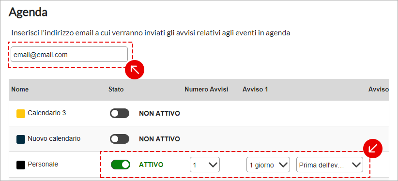 Email avvisi agenda e notifiche calendario