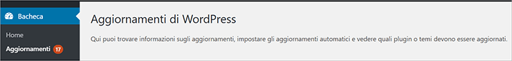 WordPress: Bacheca > Aggiornamenti, pagina per gestire aggiornamenti; voce Aggiornamenti selezionata