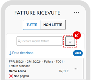 Campo di ricerca rapida nella sezione Fatture ricevute dell’app