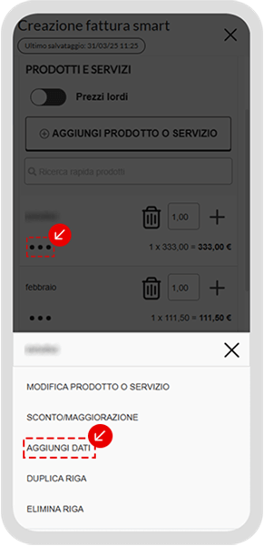 Menu azioni della riga prodotto nella fattura smart con opzione Aggiungi dati evidenziata